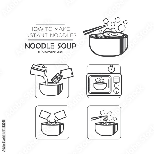 Cooking instruction icon set, instant noodles - noodle soup for microwave user