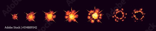 Animation sprite sheet of bomb explosion sequence. Vector 2d cartoon set of blast effect from dynamite or rocket hit, burst with fire isolated on black background