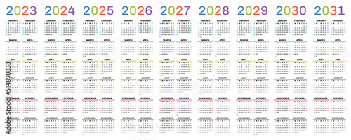 Color calendar 2023, 2024, 2025 and 2026. Colorful vector calender. Week starts on Sunday. 2027, 2028 and 2029