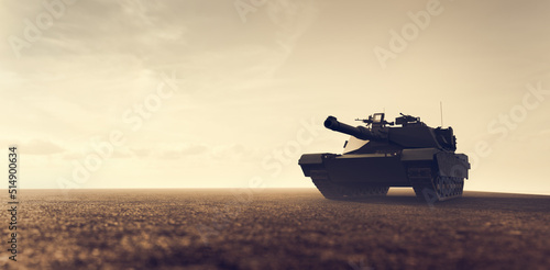 Military tank in combat on the field