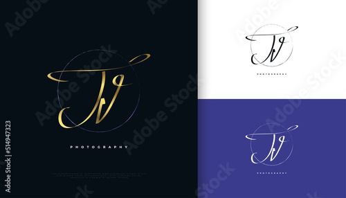 JV Initial Signature Logo Design with Elegant and Minimalist Gold Handwriting Style. Initial J and V Logo Design for Wedding, Fashion, Jewelry, Boutique and Business Brand Identity