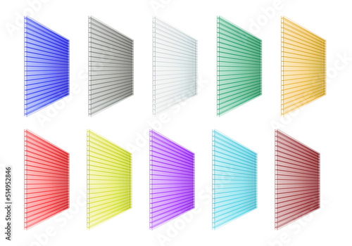 Multicolored polycarbonate sheets on a white background. 3D rendering