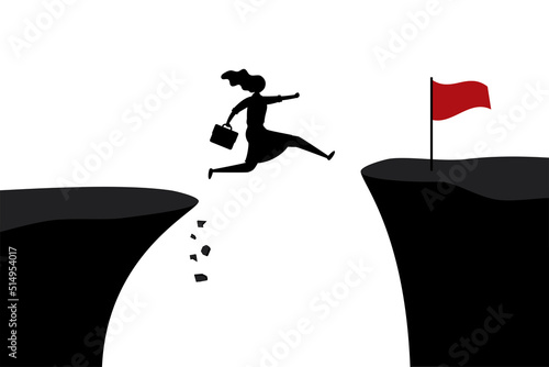 Black silhouette of businesswoman jump through gender gap, discrimination. Overcoming obstacles. Woman employee with running jump from one cliff to another. Business risk, success.