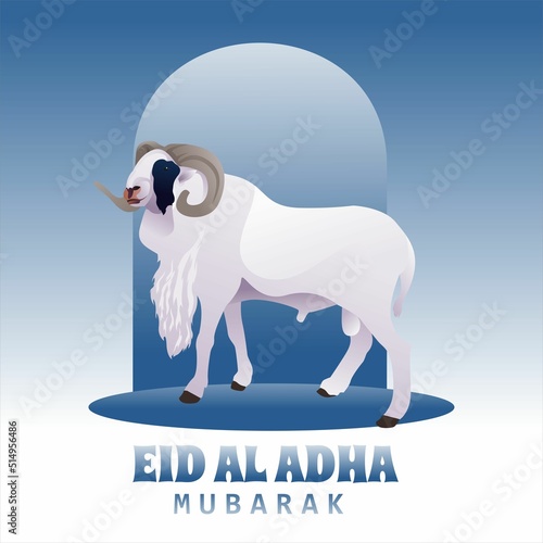 Cartoon Style Illustration of a goat with horns on a gradient blue background for Eid al-Adha Mubarak.
