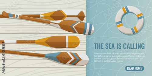 Oars on a wooden pier and a lifebuoy on the water. Vector illustration in nautical summer style with text the sea is calling. For banner, flyer, social media or website.