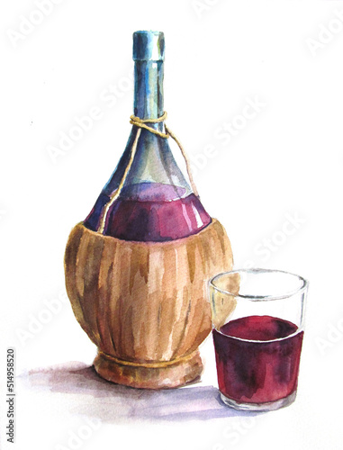 A poster of classic Italian chianti wine with a bottle, glass and Tuscany landscape watercolor illustration