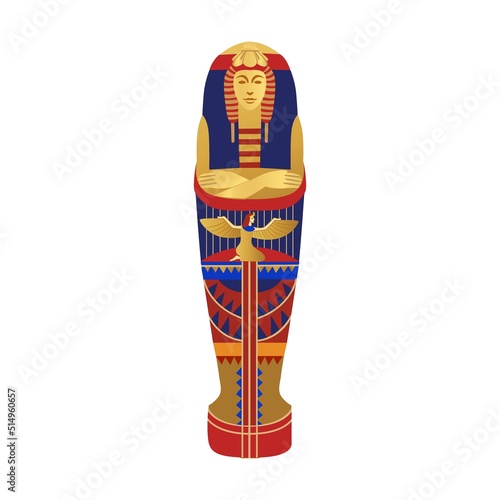 Royal sarcophagus. Golden symbols of ancient Egypt vector illustration. Cartoon Sphynx, Nefertiti, pharaoh statue, monuments, sarcophagus isolated on white