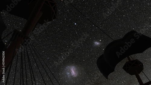 View of large and small Magellanic Cloud with mainmast silhouette in foreground (3D Rendering)
