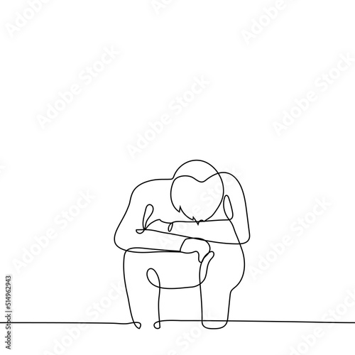 man sits downcast sits with his head down on his hands - one line drawing vector. concept hide tears, hide face, fatigue and creative crisis