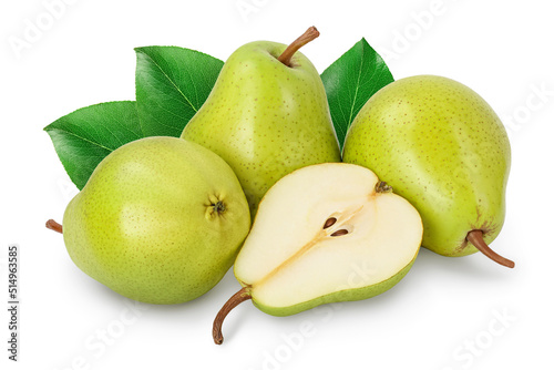 Green pear fruit with half isolated on white background with full depth of field