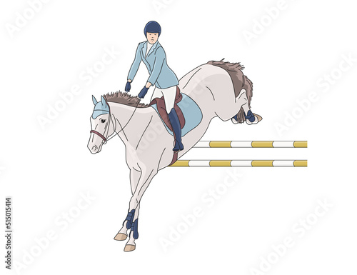 Equestrian sports, show jumping. A girl rider and a horse jump over an obstacle