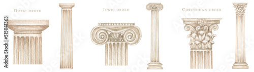 Watercolor antique column corinthian ionic doric order, Ancient Classic Greek pillar set, Roman Columns, Architecture facade elements Realistic drawing illustration isolated on white background