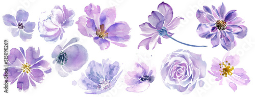 Very peri flowers clip-art. Purple flowers on a white background. Hand-painted abstract botanical illustrations bundle.