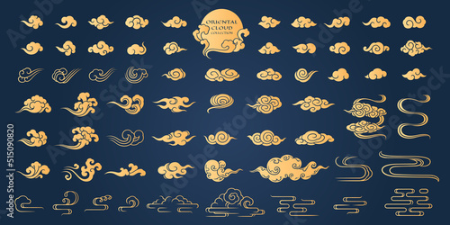 Chinese cloud oriental element vector illustration big collection gradient filled golden silhouette style