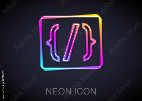 Glowing neon line Programming language syntax icon isolated on black background. Syntax programming file system. Vector
