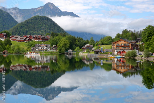 Reflections on Grundlsee lake (Eastern part) and colorful scenery, Salzkammergut, Styria, Austria, Europe