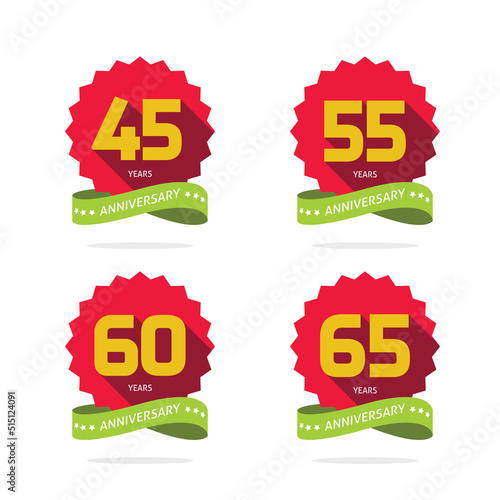 45, 55, 60 and 65 year anniversary number logo vector flat red green yellow color icon, celebrating of birthday jubilee modern labels set ribbon or congratulation date logotype graphic circle round