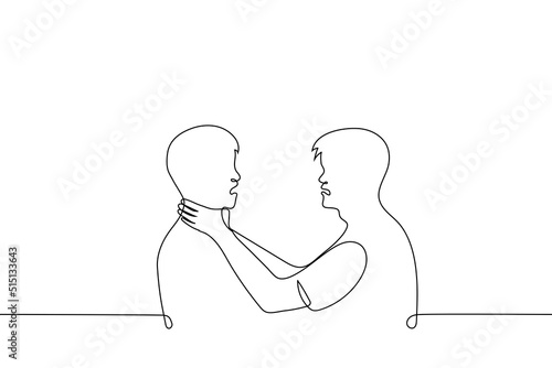 man grabbed the neck of another man he is very angry - one line drawing vector. concept of murder by strangulation, a metaphor for annoyance by a person and his behavior