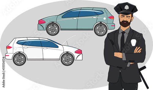 Policeman writes a ticket. Police officer in uniform writing a violation fine to automobile driver on city road or parking lot. Traffic safety control car inspection, flat vector cartoon concept.