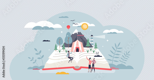 Storytelling process as book reading and presentation to audience tiny person concept. Viral adventure telling process and author emotional communication with visual information vector illustration.