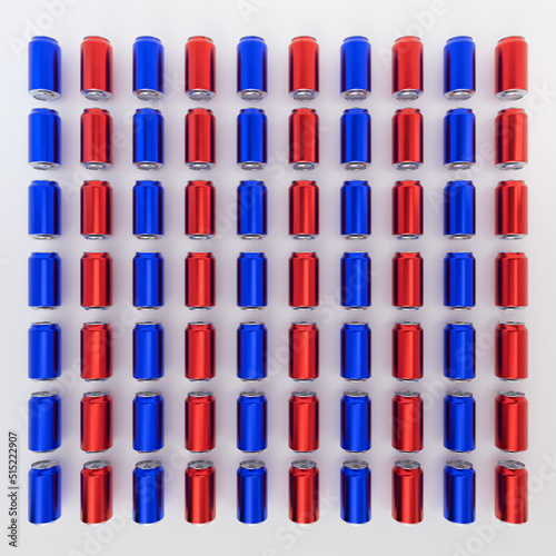 Grid of Red and Blue 3D Rendered Aluminum Soda Cans Over White Background Illustration