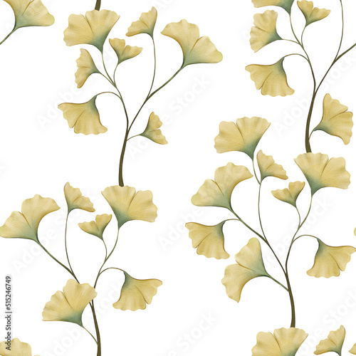 seamless yellow ginkgo branches natural organic ornament art deco watercolor Pattern