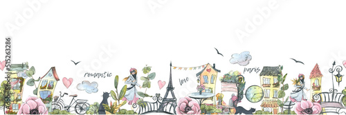 Horizontal banner with houses, Eiffel Tower, Parisian woman, flowers and plants. Watercolor illustration with graphic elements. Seamless pattern from a large set of PARIS. For decoration and design.