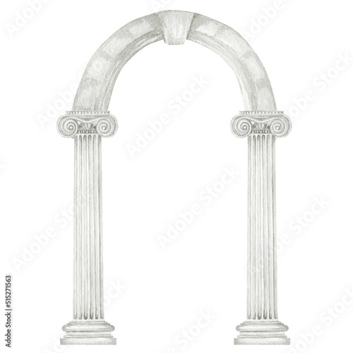 Watercolor antique arch with column ionic order, Ancient Classic Greek pillar, Roman Columns, Architecture facade elements Realistic drawing illustration isolated on white background