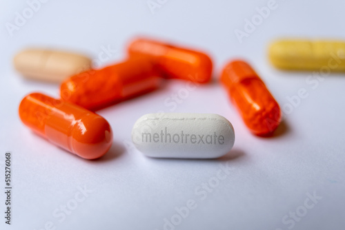 Methotrexate MTX amethopterin chemotherapy agent and immune system suppressant used to treat cancer autoimmune diseases ectopic pregnancy, rheumatoid arthritis Treatment drug tablet.