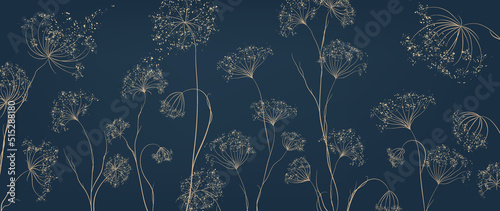 Luxury wallpaper in dark blue color with flowers and grass in golden art line style. Hand drawn botanical background for decoration banner, print, decor, interior design