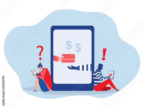 A woman on the phone screen and the scammer stealing a bank card from attack on call or online banking appScammer,phishing fraud, scam phone,vector illustration.