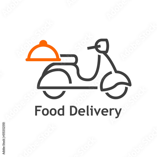 Logo reparto de comida a domicilio. Vector con silueta de scooter con bandeja de comida con tapadera y texto Food Delivery con líneas. Color gris y anaranjado