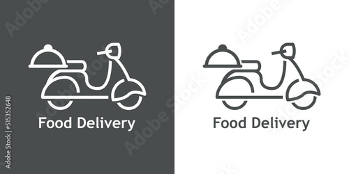 Logo reparto de comida a domicilio. Vector con silueta de scooter con bandeja de comida con tapadera y texto Food Delivery con líneas. Fondo gris y fondo blanco 