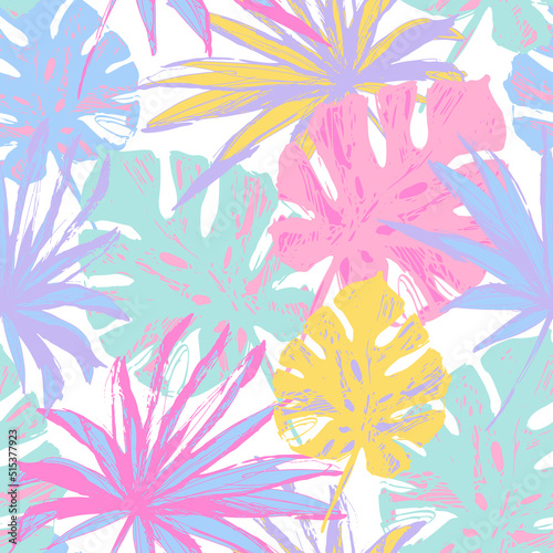 Hand drawn tropical leaves background in pastel colors. Colorful palm leaf seamless pattern.