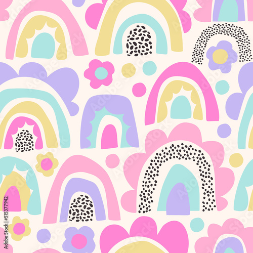 Abstract daisy flower, minimal doodle rainbows seamless pattern