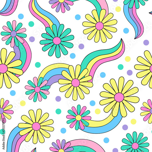 Psychedelic floral background in 70s 80s retro hippie style.