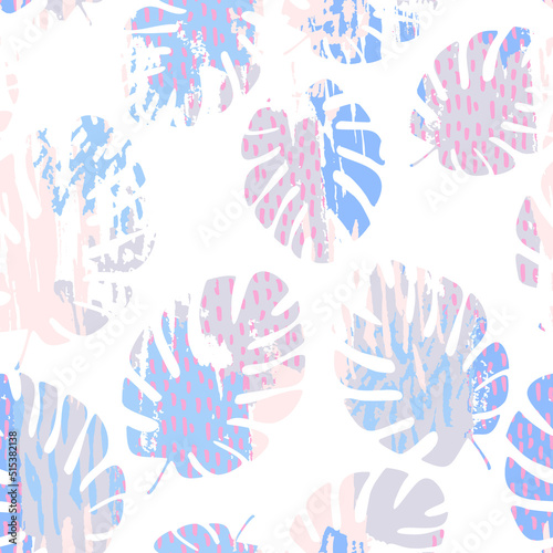 Abstract tropical leaves with texture, scribble, brush strokes background
