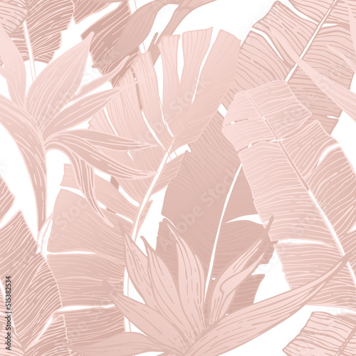 Luxurious botanical tropical flower and leaf background in pastel blush pink color