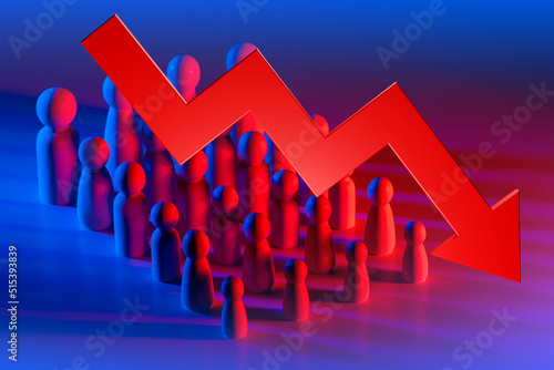 Red Arrow in front of little men. Graph symbolizes population decline. Metaphor for population decline in country or city. Neon people. Problems with population decline. 3d rendering.