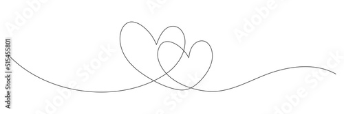 Two hearts continuous one line art drawing. Double heart wavy line. Vector illustration isolated on white.