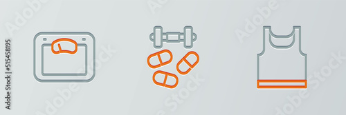 Set line Sleeveless t-shirt, Bathroom scales and Sports doping with dumbbell icon. Vector