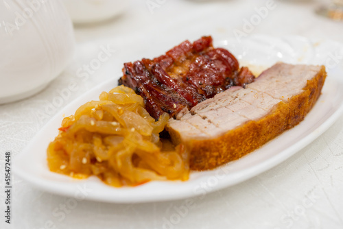 Hong Kong style cuisine crispy roasted pork belly and jellyfish