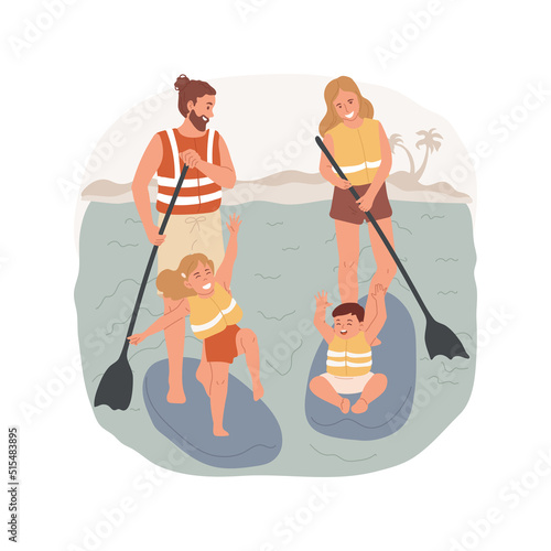 Paddleboard isolated cartoon vector illustration. Family paddleboarding on a lake, summer vacation activity, children and parents standing on a paddleboard, wearing lifejacket vector cartoon.