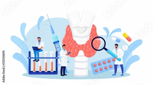 Endocrinologists diagnose and treat human thyroid gland. Doctors make blood test on hormones. Hypothyroidism, hyperthyroidism concept. Thyroid examination. Health and medical treatment