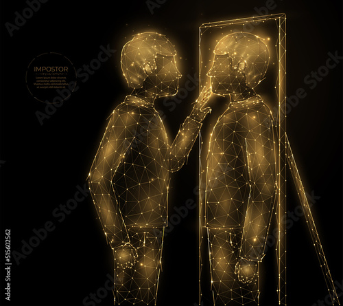 Abstract illustration of a person who stands near a mirror and sees another person in the reflection. Imposter syndrome or schizophrenia, low poly design. Mental disorder concept.