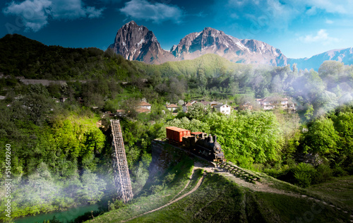 Fallen bridge on the Neretva river, antifascism monument in Jablanica, Bosnia and Herzegovina