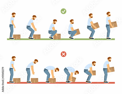 lifting technique. safety moving and load heavy objects body ergonomic positions. Vector cartoon infographic templates