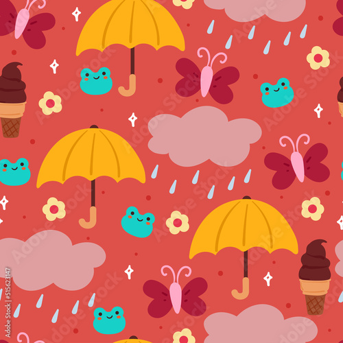 seamless pattern cartoon rain and sky with frog and butterfly. cute pink wallpaper for kids, gift wrap paper