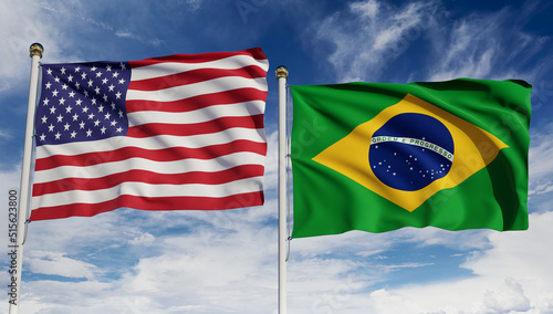 American and Brazilian flags over blue sky. Concept of diplomacy, agreement, international relations, trading, business between USA and Brazil. 3D rendering.