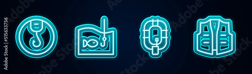 Set line Fishing hook, with fish, Inflatable boat and jacket. Glowing neon icon. Vector